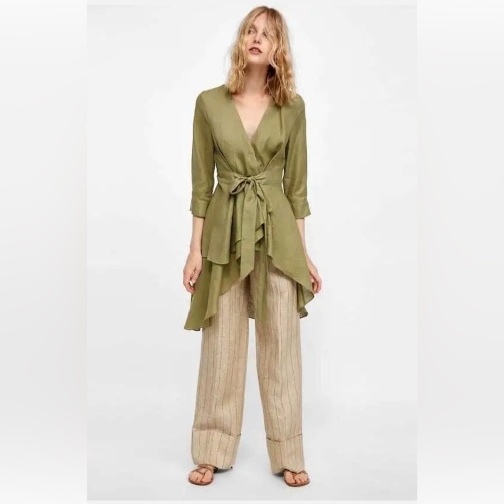 Zara Woman Olive Green Tie-Front Top - Picture 2 of 9